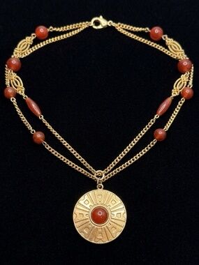 Vintage Sarah Coventry "Safari" Red Cabochon Sunburst Medallion Pendant